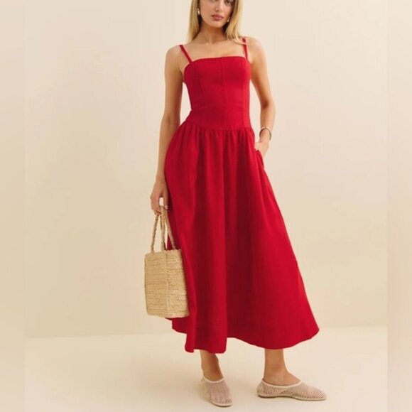 NEW Reformation Katarin Linen Midi Dress Lipstick Red Lace Detail | size 2 - Picture 1 of 12
